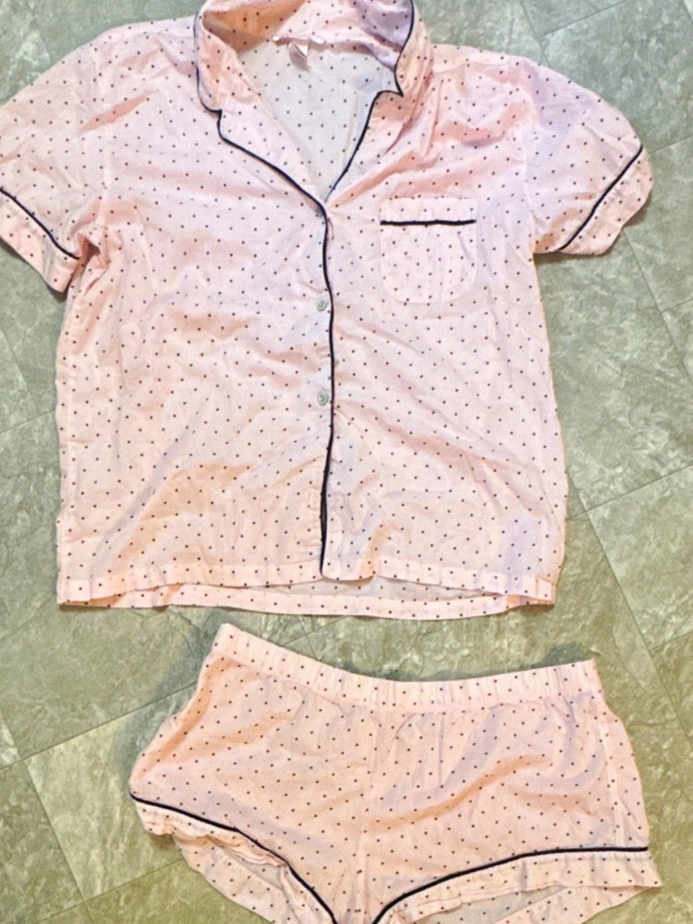 Victoria's Secret Light Pink Polka Dot Short-Sleeve Pajama Set with Black Trim